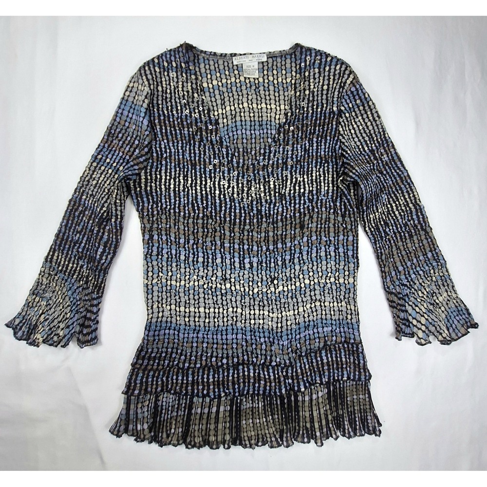 Alberto Makali Womens Blue Geometric Pleated Sequin V-Neck Ruffle Blouse Size M
